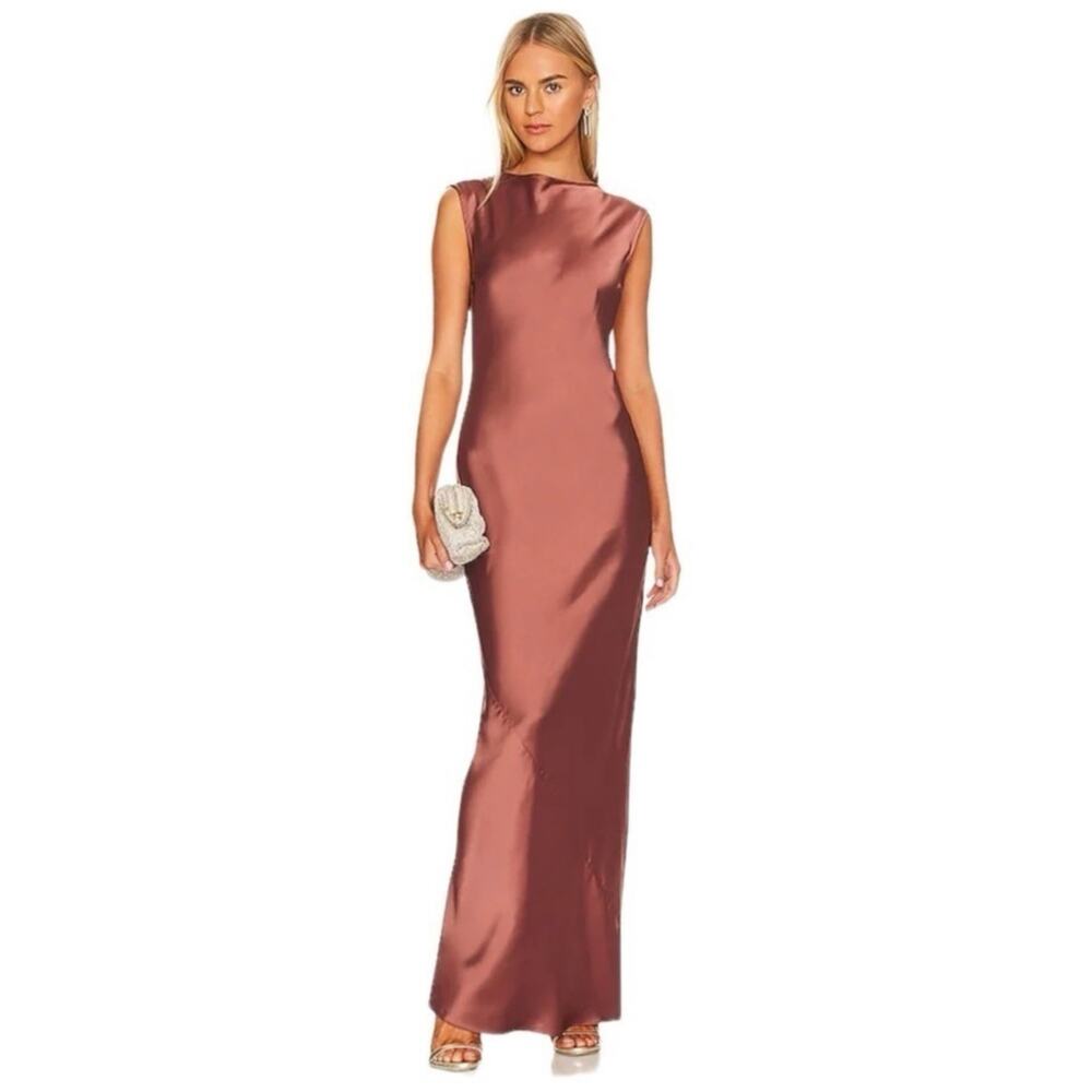 Rumer Kimberly Mocha Brown Satin Sleeveless Maxi Sheath Dress L $279